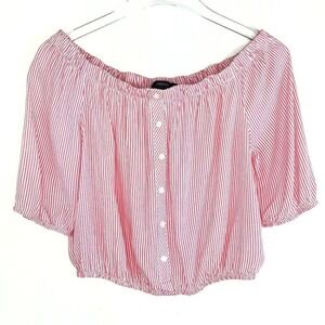 Forever 21 Womens Red White Striped Off Shoulder Button Front Crop Top Size M